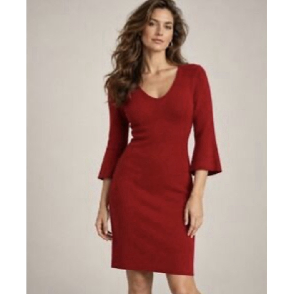 Talbots Women's Red Merino Wool Sweater Dress 3/4 Bell Sleeves Holiday Size MP